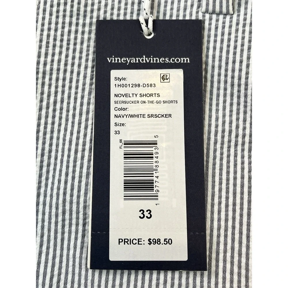 Vineyard Vines On-The-Go Seersucker Shorts Men 33 OTG Performance Navy White NWT